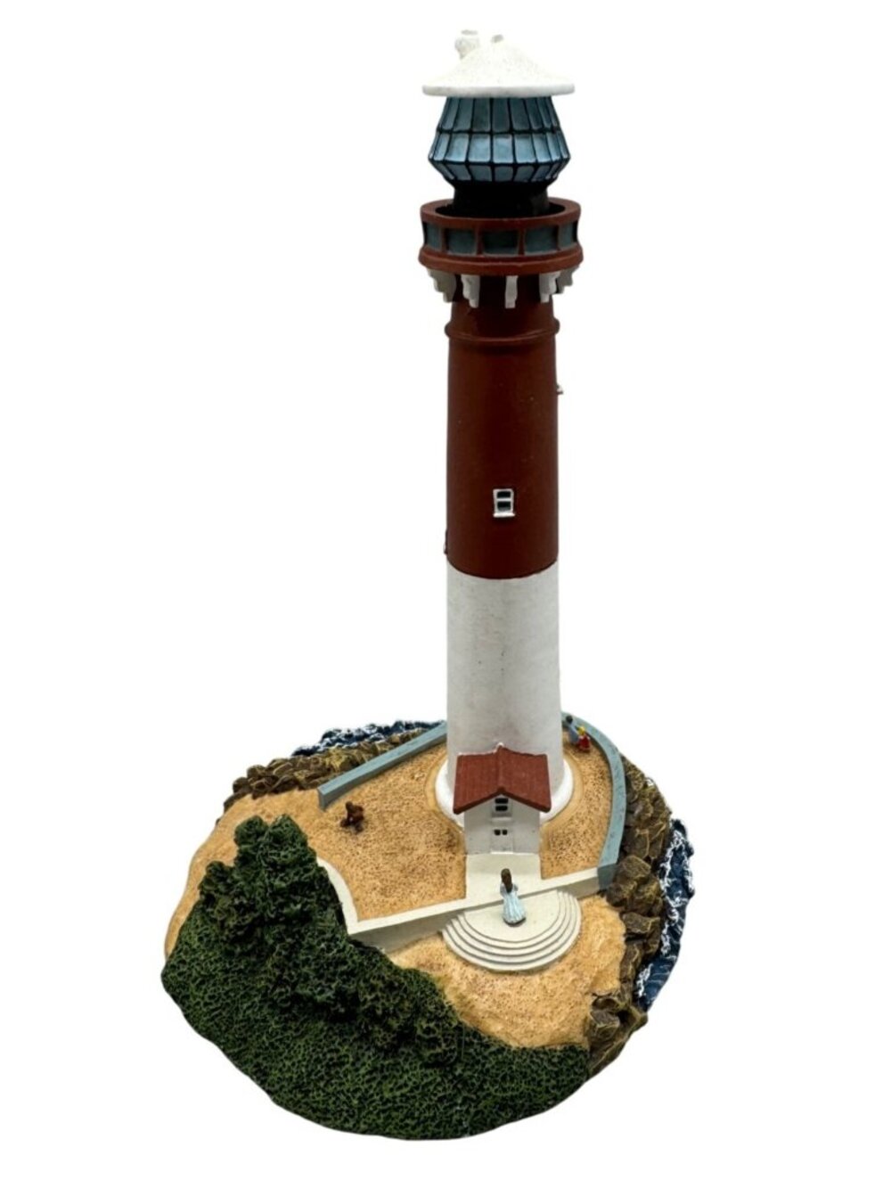 Lighthouse Figurine Base Nautical Decor 6.5" red brown bushes rock blue READ